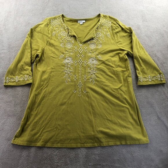 J. Jill Womens Tunic Blouse Top Large Green Embroidered Floral 3/4 Sleeve Boho - Picture 13 of 14